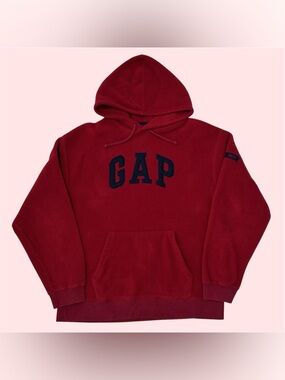 Vintage Y2K GAP Spellout Logo Fleece Hoodie Sweater Pullover Red Large